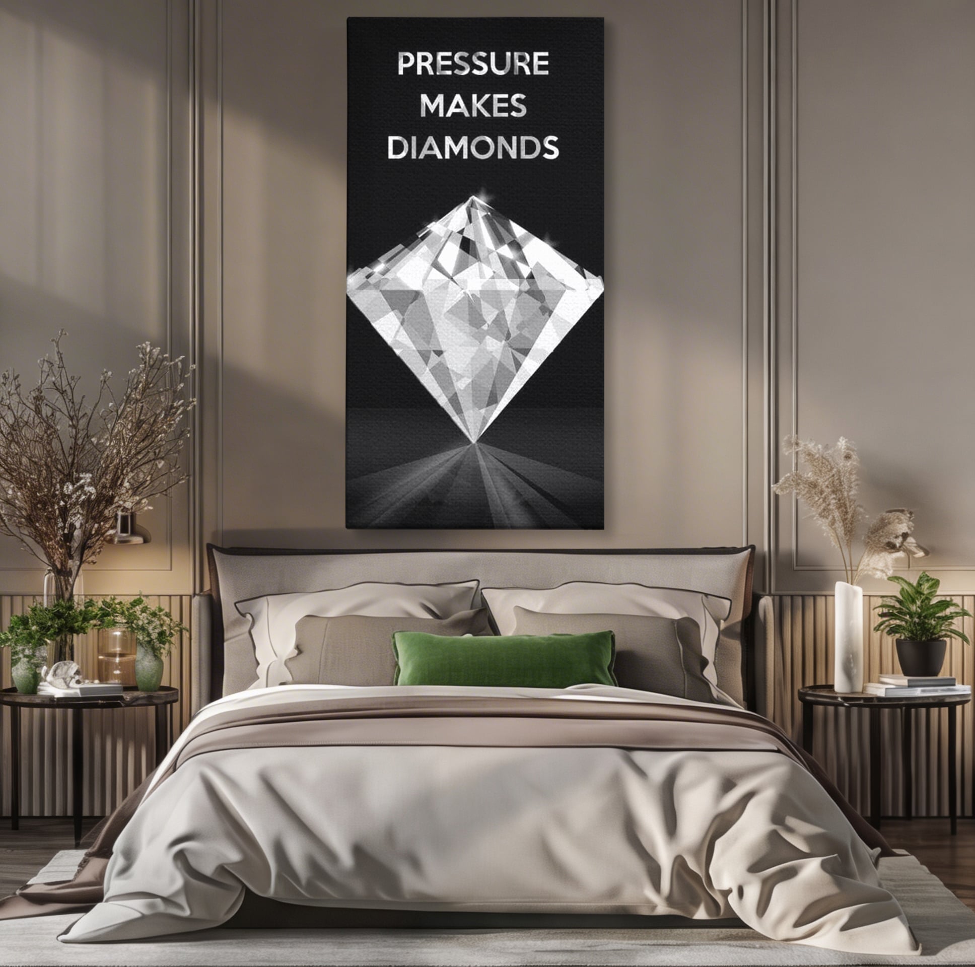 Tablou canvas cu tablou motivational cu diamant argintiu, fara rama, pe sasiu de lemn, pe perete intr-un dormitor